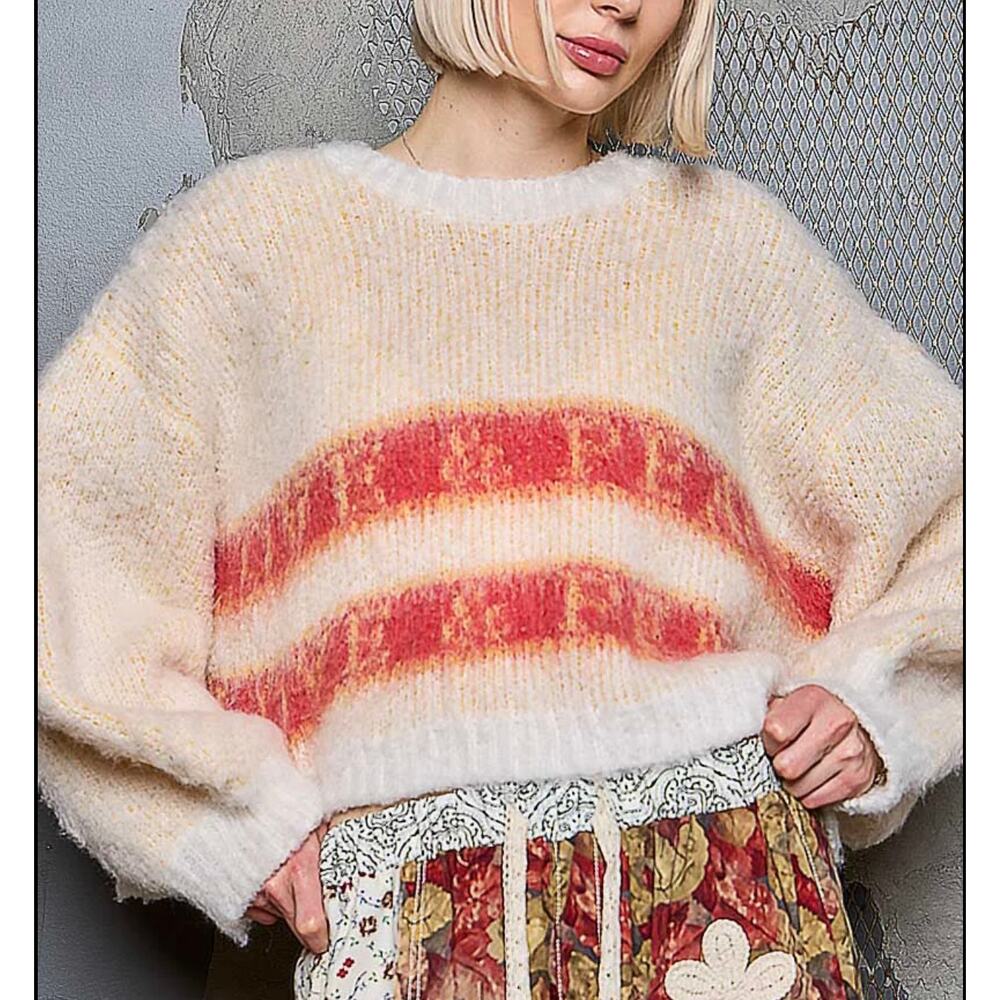 POL Fuzzy Striped Sweater Size Small Cream Red Cropped Oversized Knit Pullover